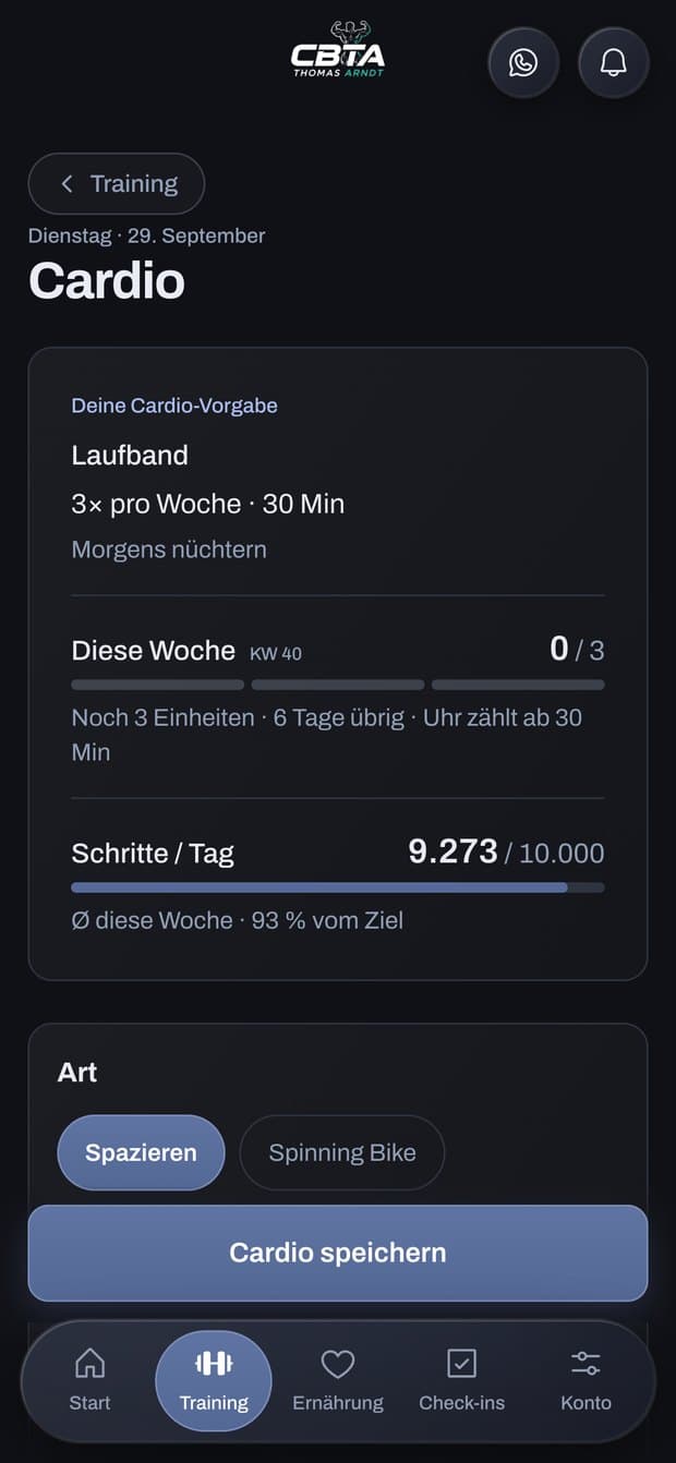 Cardio-Vorgabe und Schritte in der cbta App